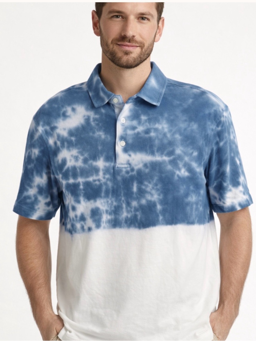 Cremieux Men’s Supima Cotton Dip‑Dye Short Sleeve Blue White Polo Shirt Sz L